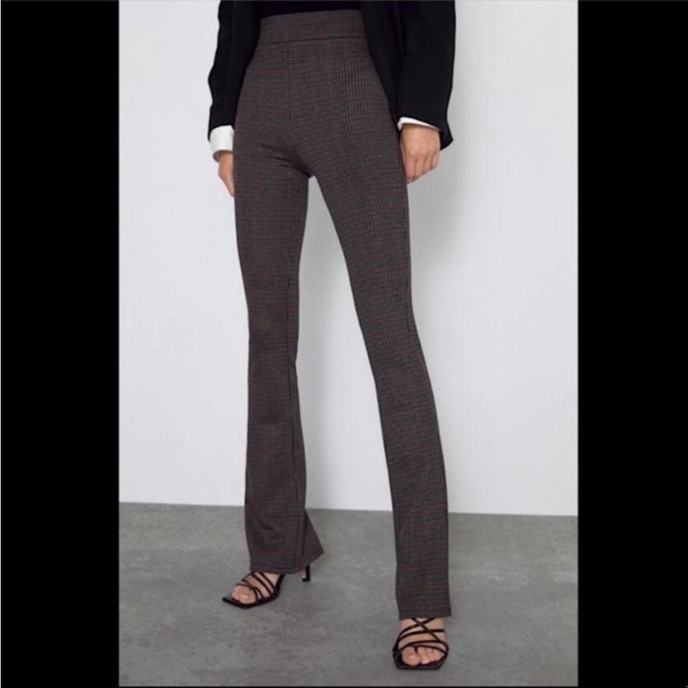 ZARA Plaid Jacquard plaid Zipper back High Rise Flare Leggings Brown Size XS